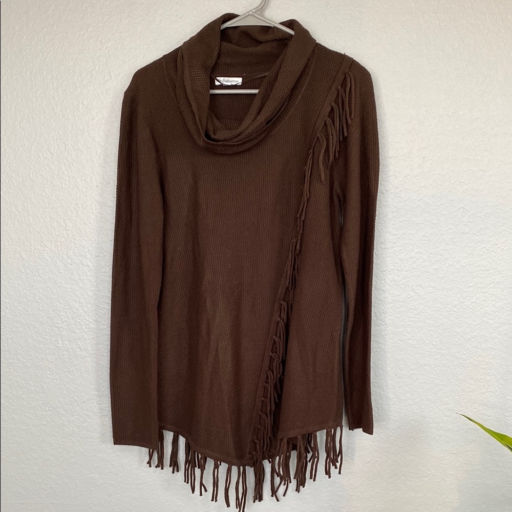 Brown Cowl Neck Sweater with Fringe